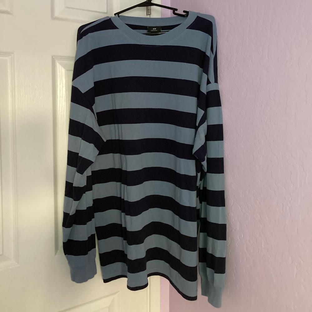 Navy and blue striped long sleeve men’s shirt